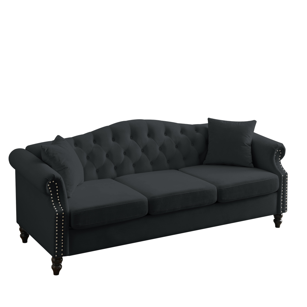 [Video] 79' Chesterfield Sofa Black Velvet for Living Room, 3 Seater Sofa Tufted Couch with Rolled Arms and Nailhead for Living Room, Bedroom, Office, Apartment, 3S+3S