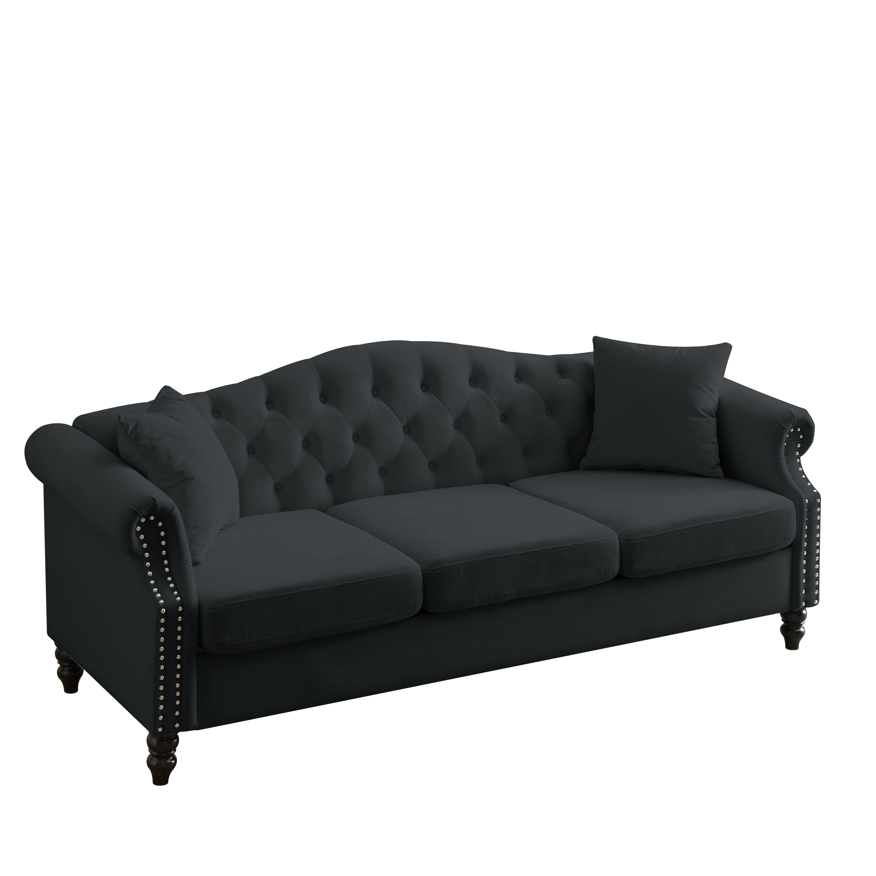 [Video] 79' Chesterfield Sofa Black Velvet for Living Room, 3 Seater Sofa Tufted Couch with Rolled Arms and Nailhead for Living Room, Bedroom, Office, Apartment, 3S+3S