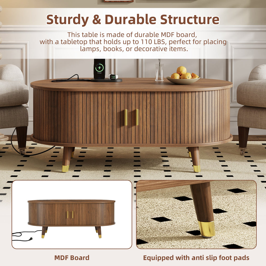 Wooden Farmhouse TV Stand & Coffee Table Set with Charging Station, Oval Fluted Media Console with Sliding Doors for TVs up to 80', Mid-Century Center Table with Solid Wood Legs for Living Room,Walnut