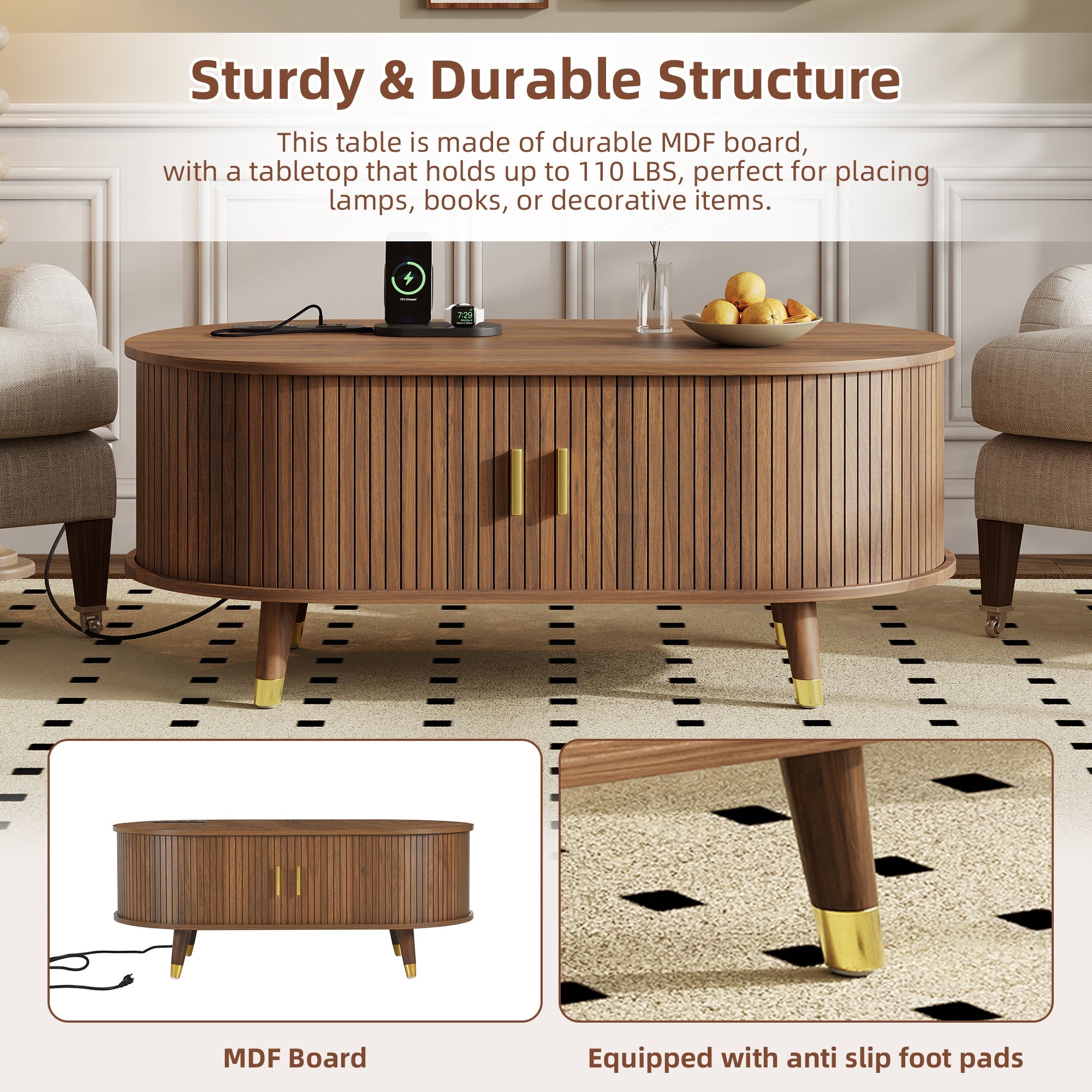 Wooden Farmhouse TV Stand & Coffee Table Set with Charging Station, Oval Fluted Media Console with Sliding Doors for TVs up to 80', Mid-Century Center Table with Solid Wood Legs for Living Room,Walnut
