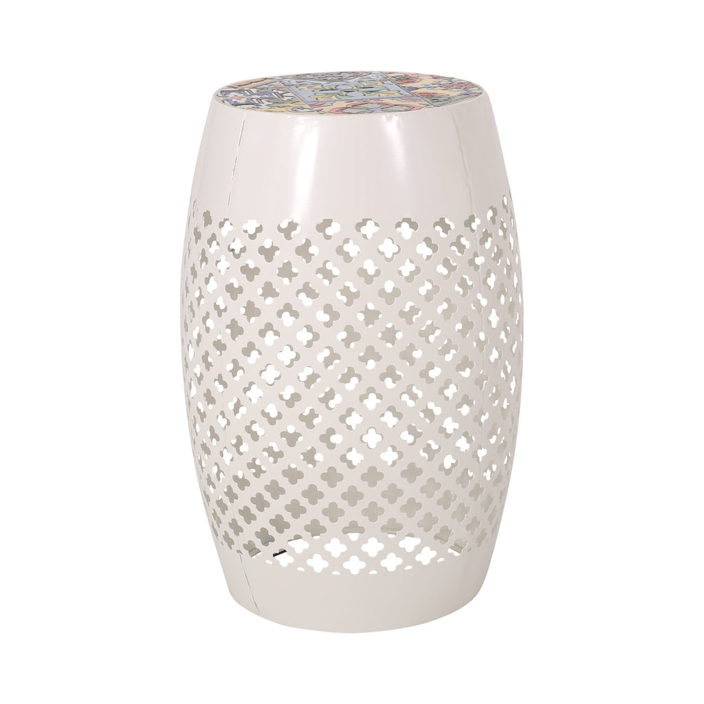 Transitional ROSWELL Side Table with Tile Mosaic Top and Lace Cut Metal Frame in White, Iron, 12.25x12.25x18 Inches