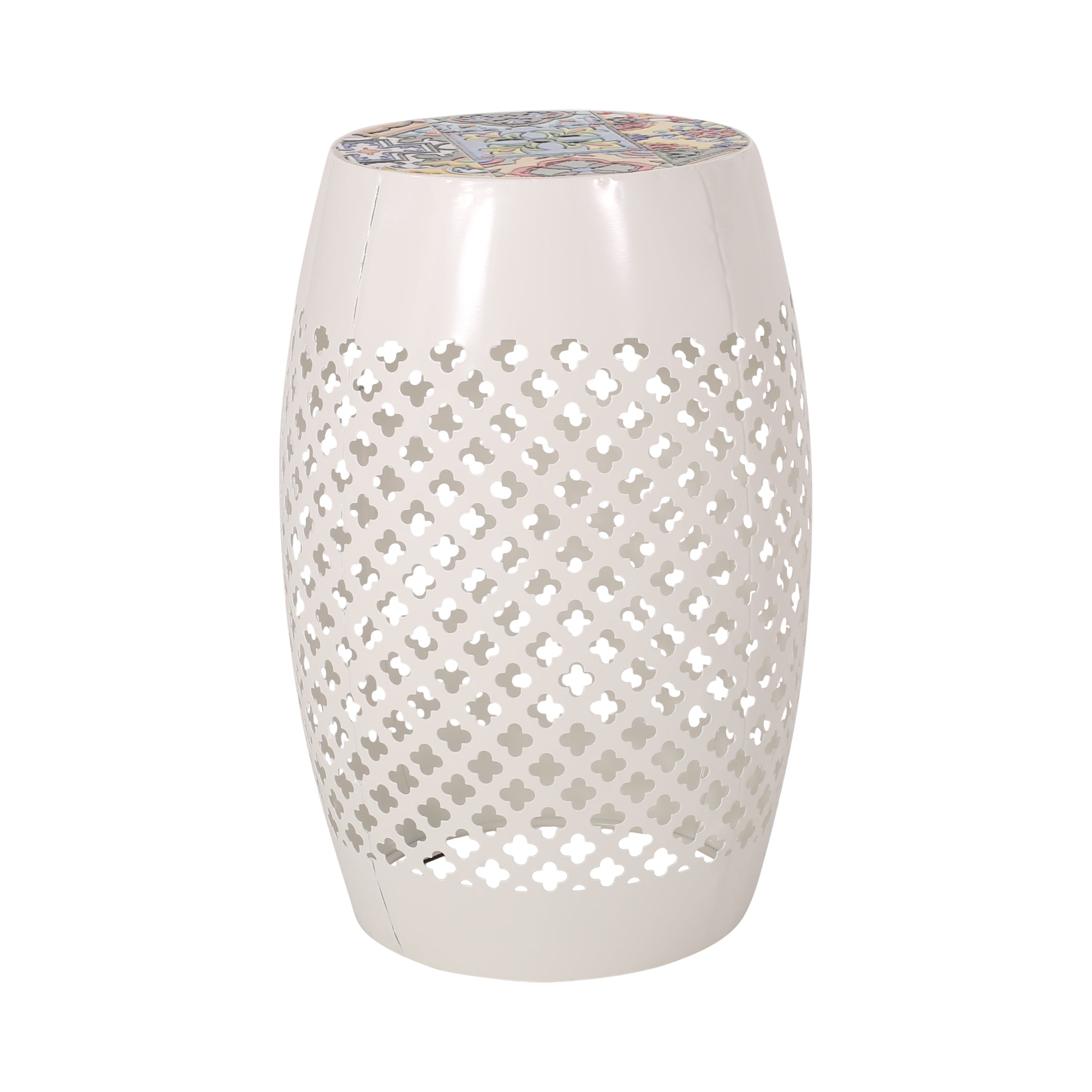 Transitional ROSWELL Side Table with Tile Mosaic Top and Lace Cut Metal Frame in White, Iron, 12.25x12.25x18 Inches