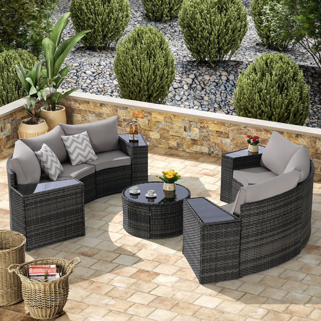 Outdoor Patio Furniture 11-Piece Half-Moon Sectional Round Patio Furniture Set Sofa with Tempered Glass Round Coffee Table