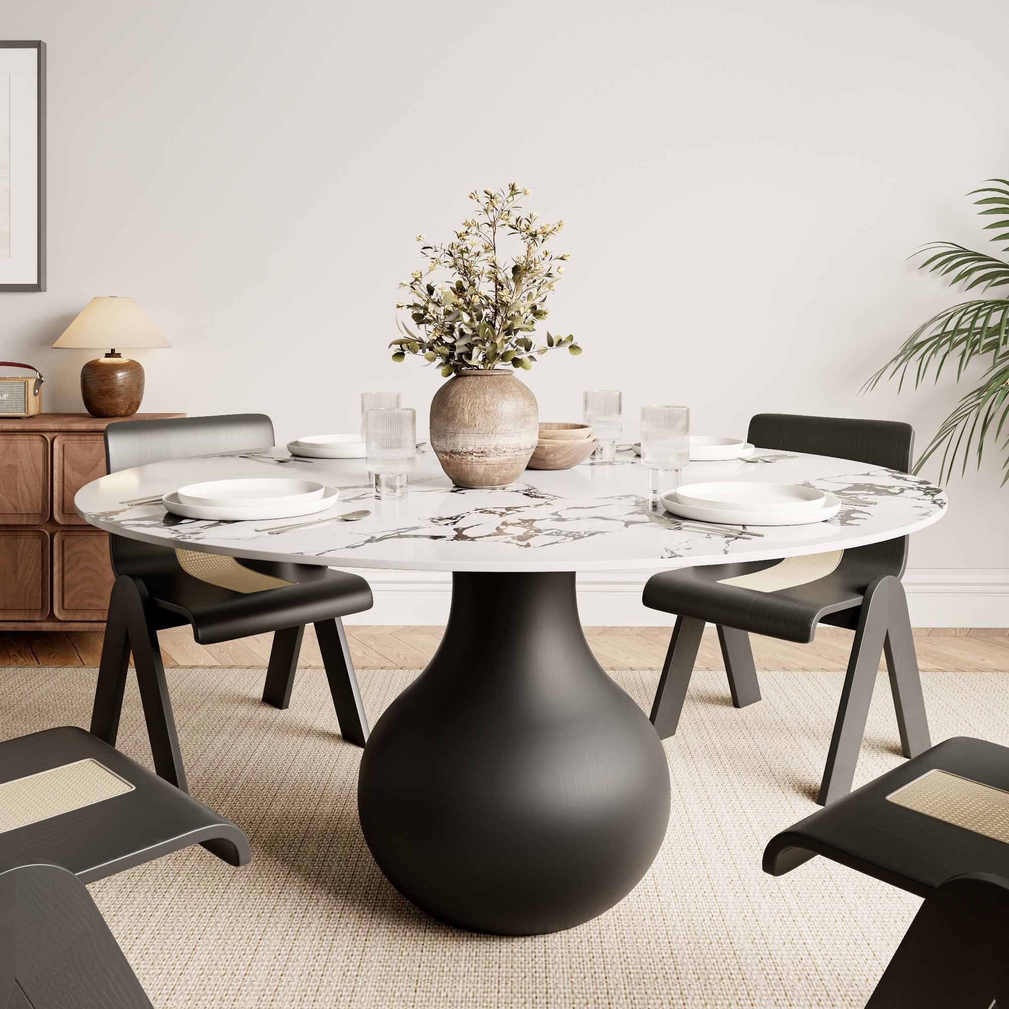 Chic Luxury Black Round Dining Kitchen 47' Table - White Black With Vase-shaped Solid Wood Pedestal For 4