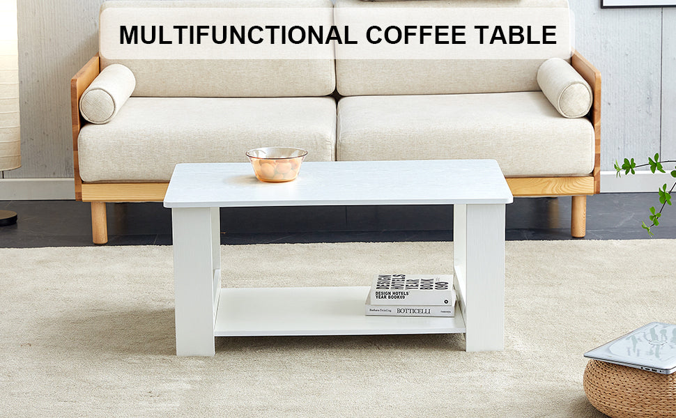 A modern and minimalist white double layered rectangular coffee table and coffee table. MDF material is more durable and suitable for living rooms, bedrooms, and study rooms. 19.6 "*35.4"*16.5 "CT-16