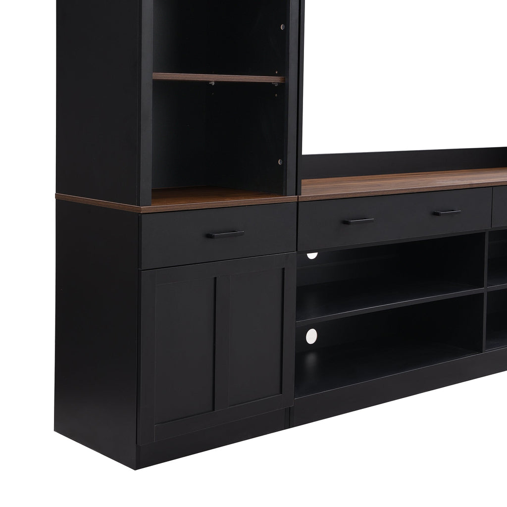 ON-TREND Farmhouse 4-Piece Entertainment Wall Unit Set with Bookshelf for TVs Up to 70', Walnut TV Stand with Adjustable Shelves, Mid-Century Large Media Console with Wine Rack for Living Room, Black