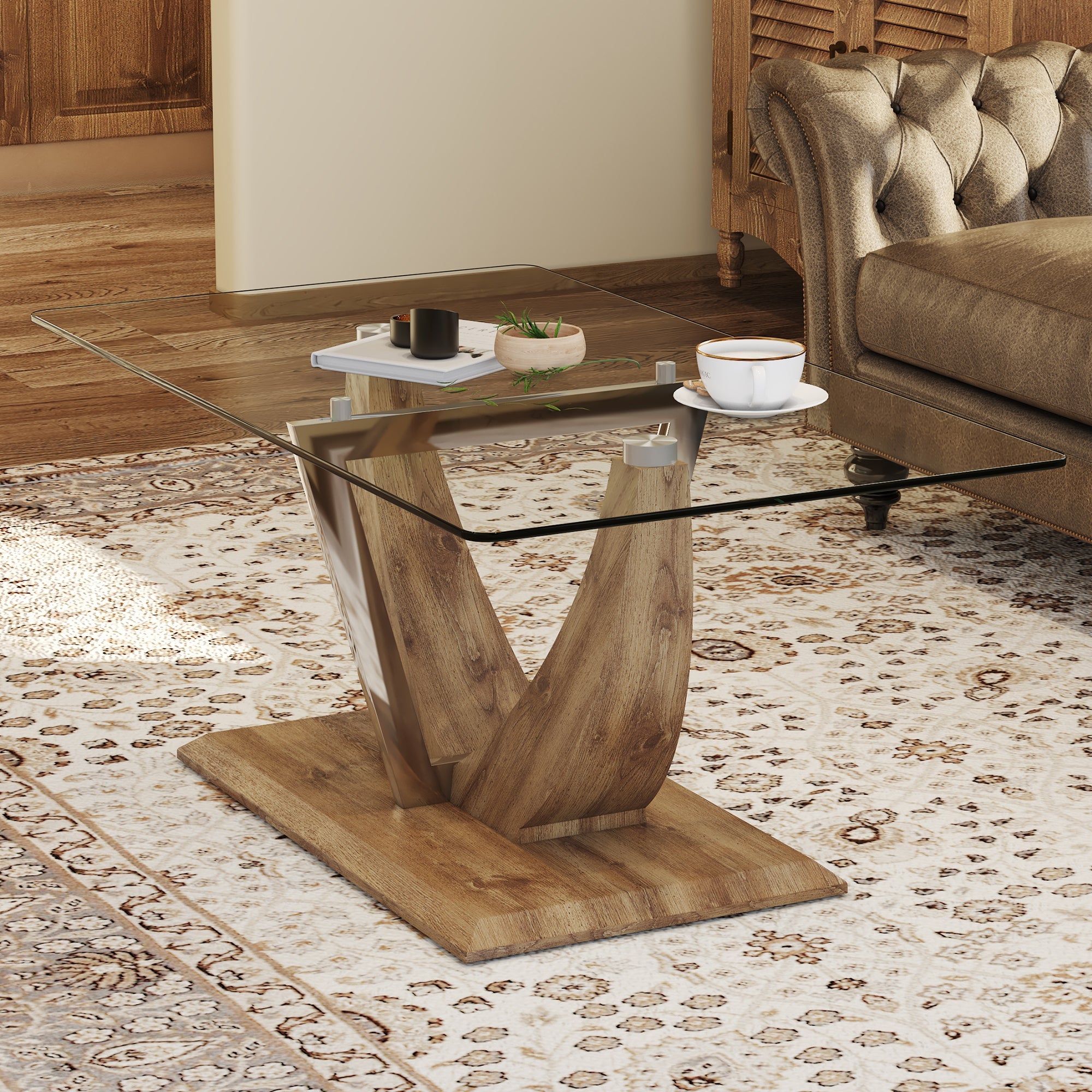 Modern minimalist transparent tempered glass coffee table with wooden MDF legs and stainless steel decorative columns. Computer desk. Game table. CT-907