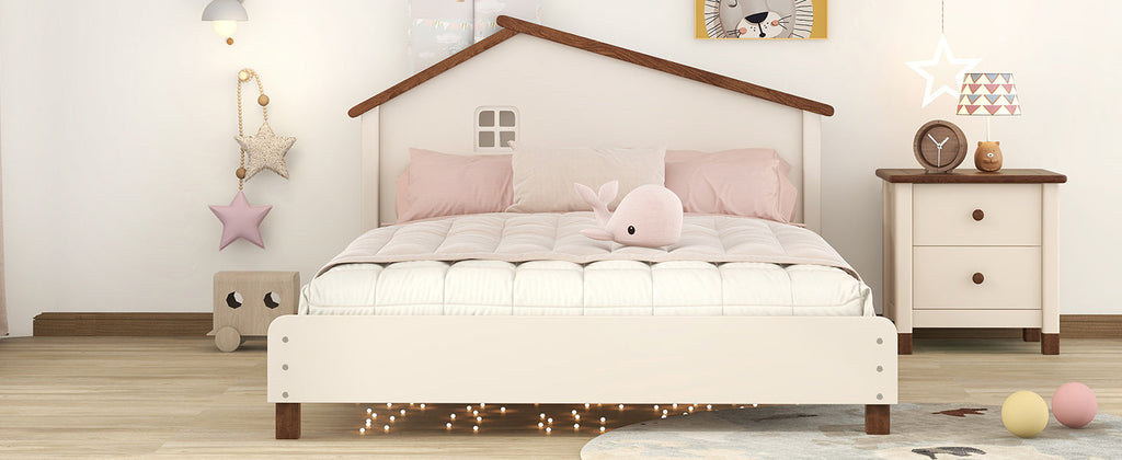 Full Size Wood Platform Bed with House-shaped Headboard  (Cream+Walnut)