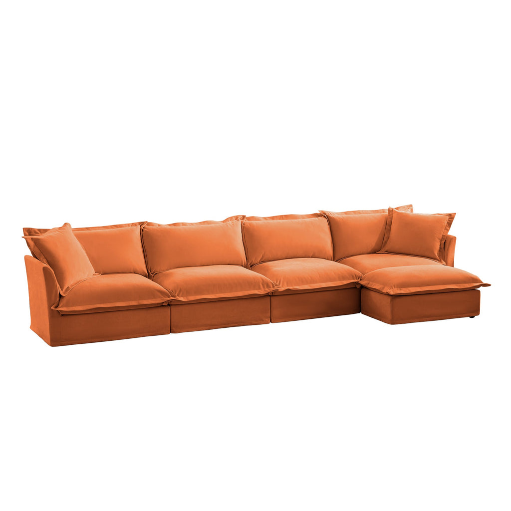 Slipcovered L Shape Sectional Long Sofa Couch, 4 Seater Sofa with Suppleness Armrests, Chenille Deep Seat Sofa with 2 Big Pillows, Comfy Couch for Living Room, Apartment, Chenille Fabric, Orange
