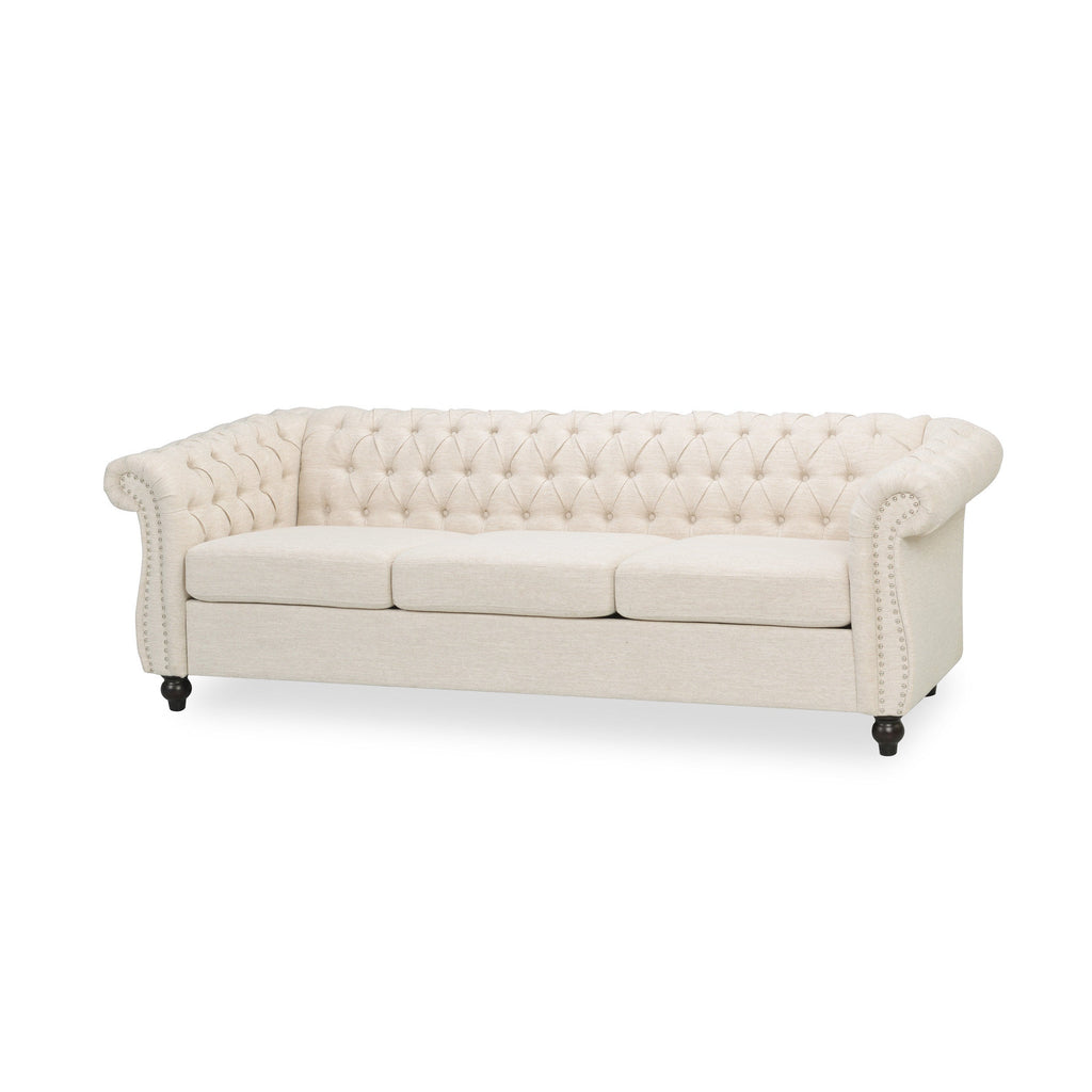 Chesterfield Style 3-Seater Sofa with Deep Button Tufting in Beige Fabric