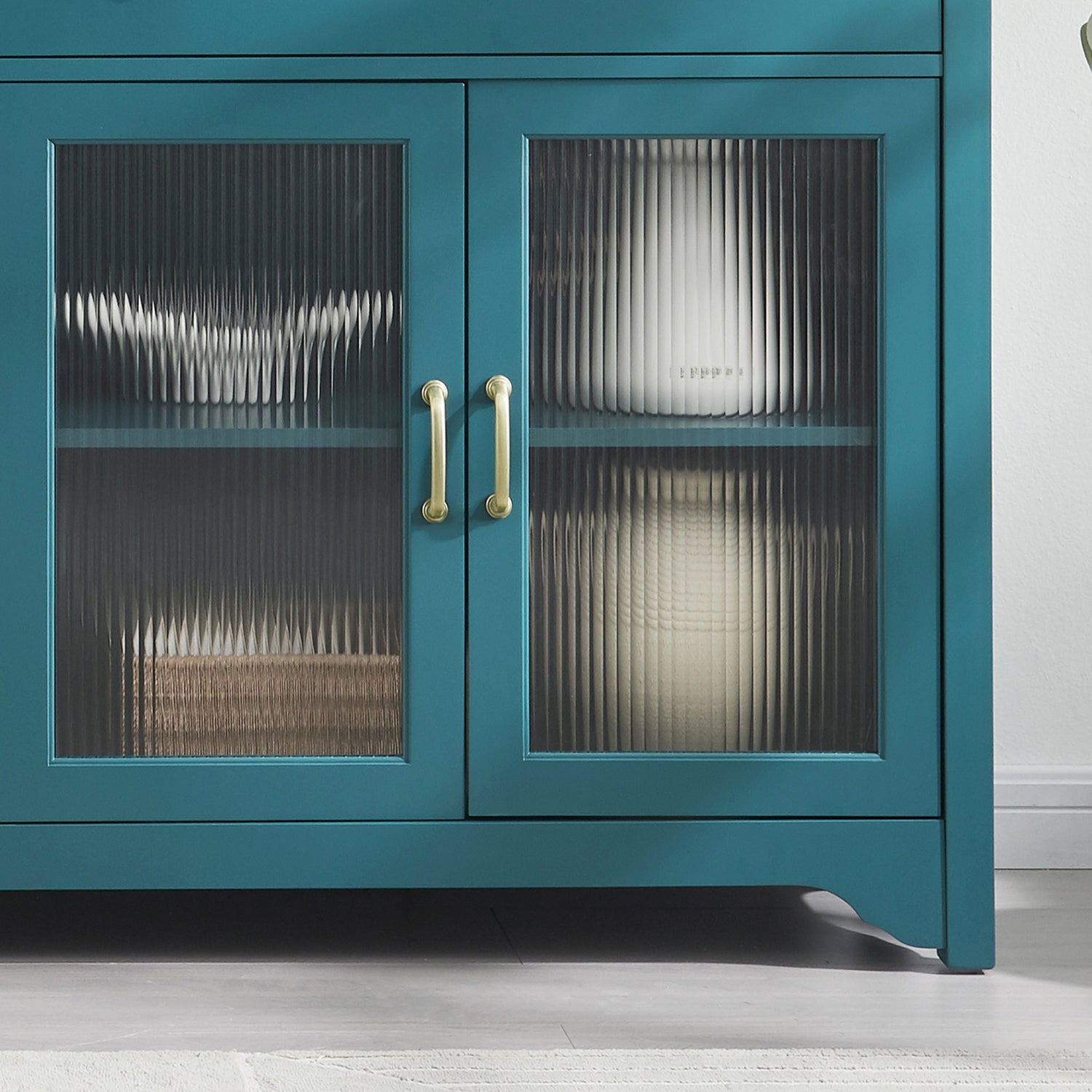 65' TV Console, Storage Buffet Cabinet, Sideboard with Glass Door and Adjustable Shelves, Console Table, Teal Blue
