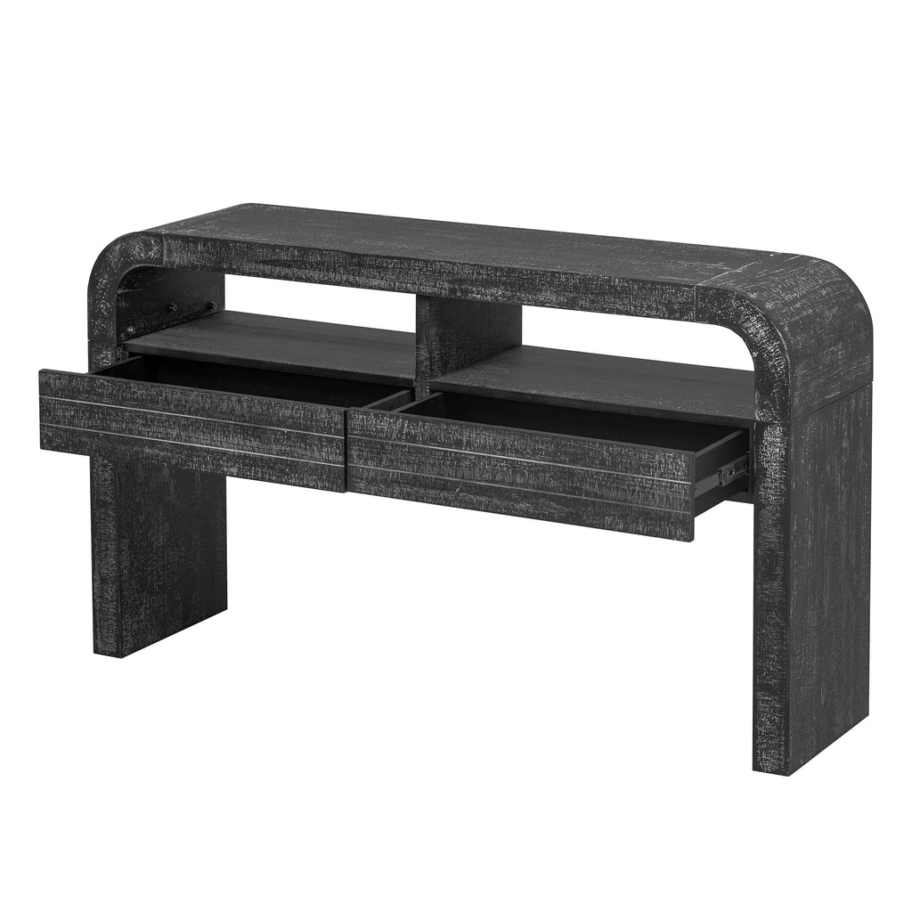 TREXM Console Table Entryway Table, Retro Curved Sofa Table with 2 Large Drawers, Narrow Console Table for Living Room Hallway Entrance, 52''×14''×31.5'', Antique Black