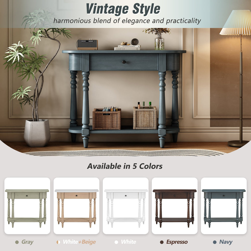 TREXM Narrow Console Table with Curved Corner, Retro Entryway Table with Top Drawer and Open Shelf, Sofa Table Console Tables for Entryway, Hallway and Living Room (Navy)