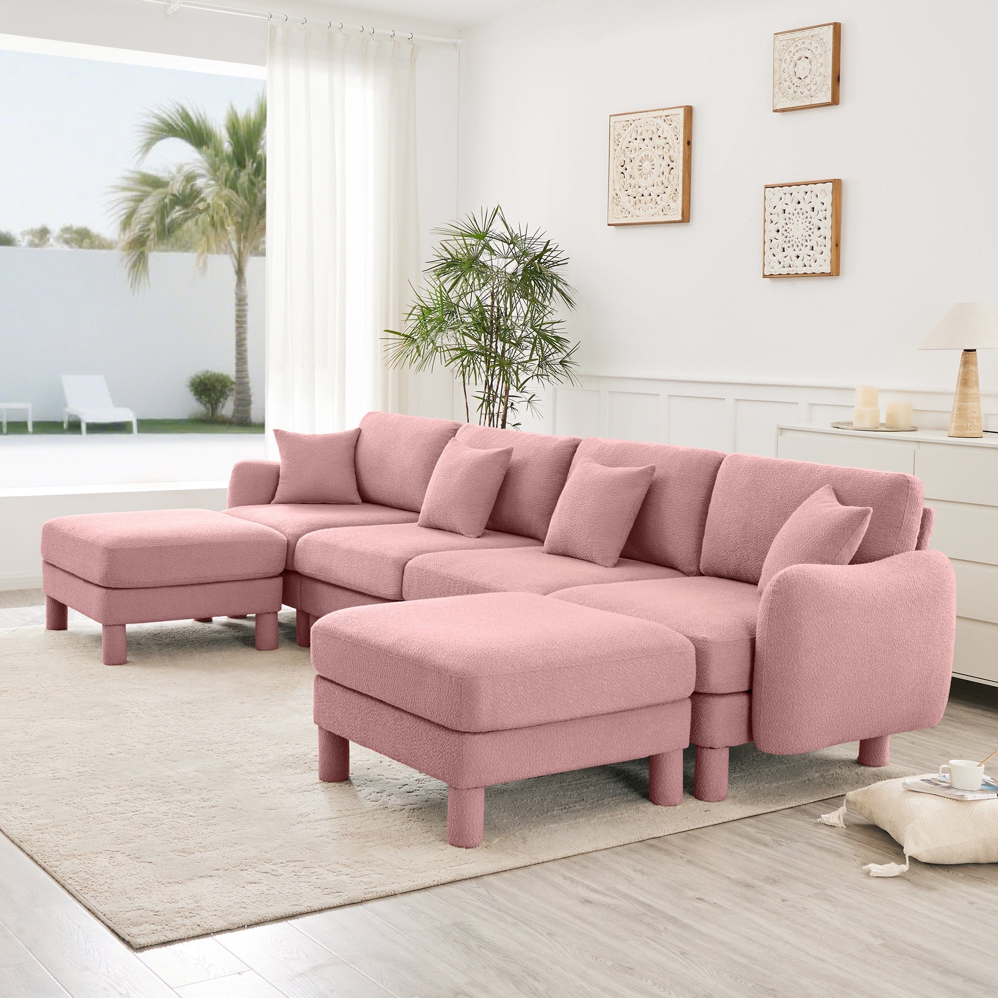 Boucle Fabric U Shape Sectional 4-seater Sofa Couch With Distinctive Shell-shaped Armrests And 2 Movable Ottomans,Cylindrical Legs Wrapped with Self-fabric,Pink Color