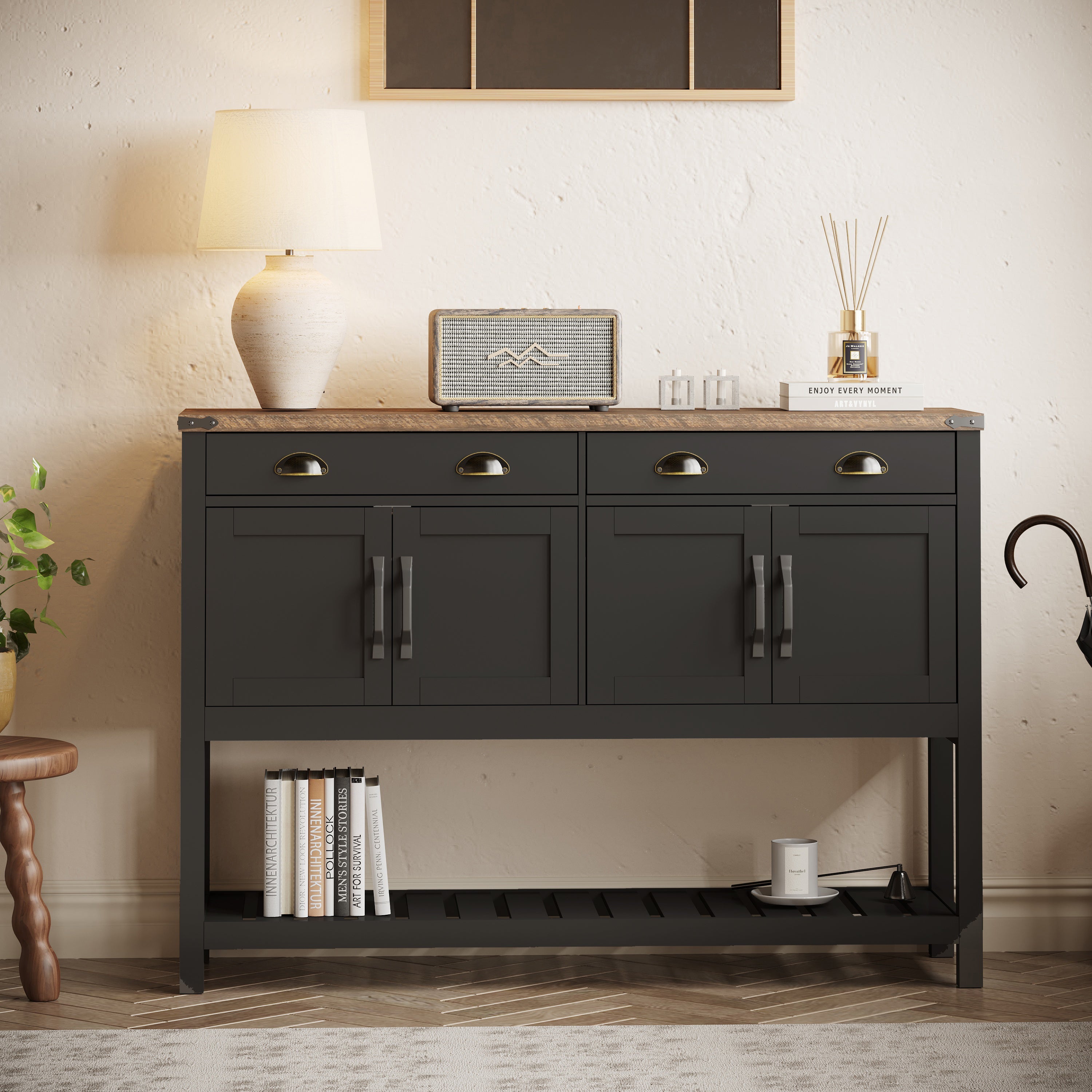 47'' Modern Farmhouse Console Storage Table – Two Drawers,Four-Door Cabinet with Slatted Display Shelf