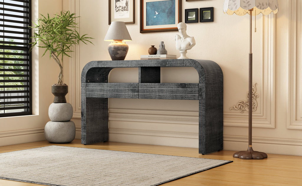 TREXM Console Table Entryway Table, Retro Curved Sofa Table with 2 Large Drawers, Narrow Console Table for Living Room Hallway Entrance, 52''×14''×31.5'', Antique Black