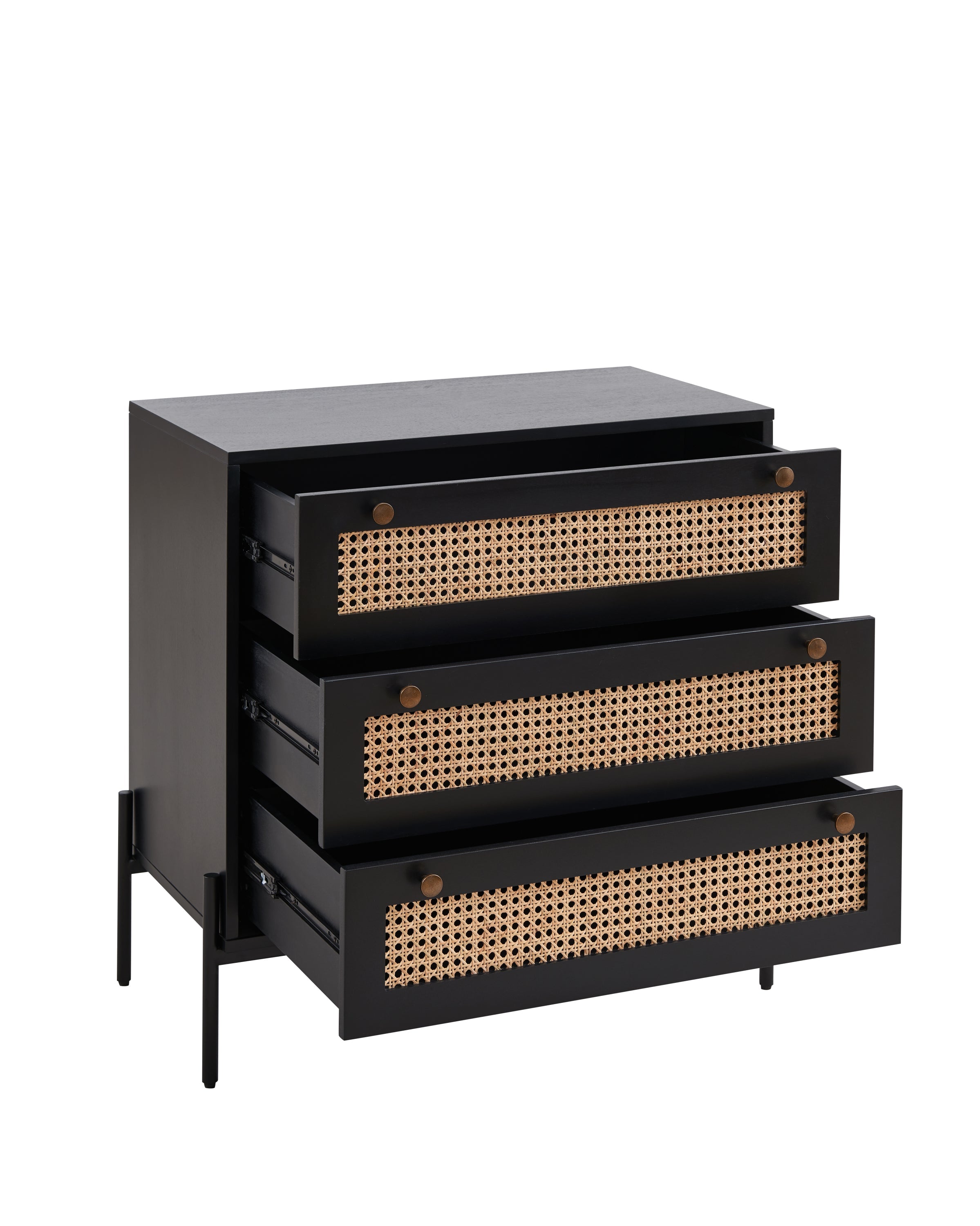 Rattan Storage Cabinet with 3 Large Drawers, Boho Mid-Century Wooden Nightstand Drawer Dresser, Sideboard Buffet Cabinet with Storage for Living Room Dining Room Hallway Bedroom, 30×15.8×30 Inches