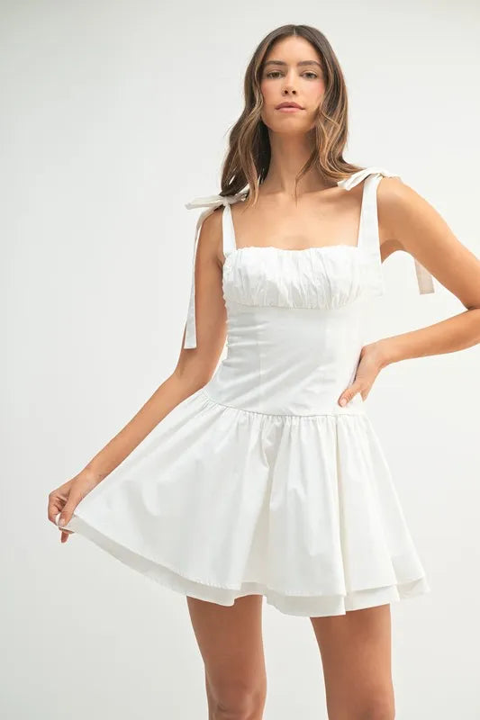 MABLE Shoulder Tie Corset Panel Mini Dress