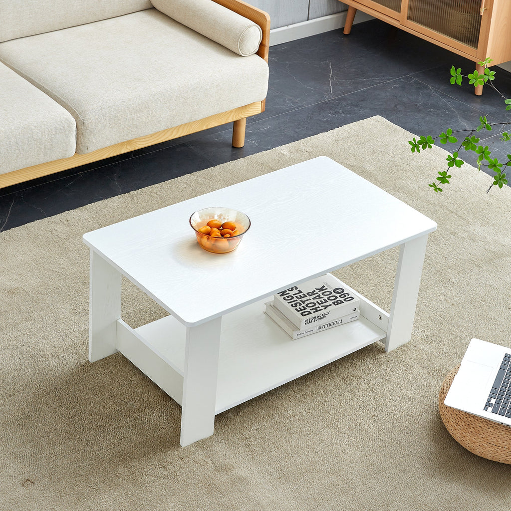 A modern and minimalist white double layered rectangular coffee table and coffee table. MDF material is more durable and suitable for living rooms, bedrooms, and study rooms. 19.6 "*35.4"*16.5 "CT-16