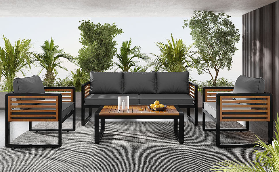 GO Large Size 4-pieces Outdoor Furniture sofa for 5 Person Conversation Set, Garden Sofa Set With Removable Cushion, Metal And Wood Frame Sofa set, Thick Cushions, Acacia Wood Tabletop, Gray