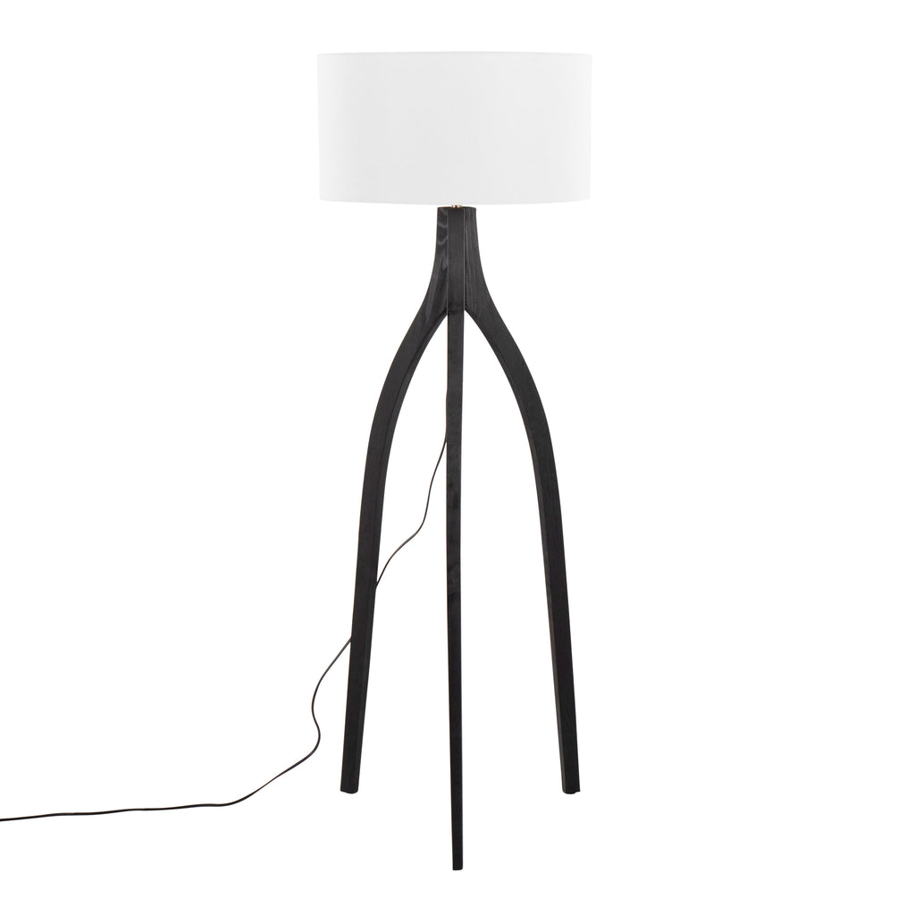 Wishbone Contemporary Floor Lamp in Black Wood with White Linen Shade by LumiSource
