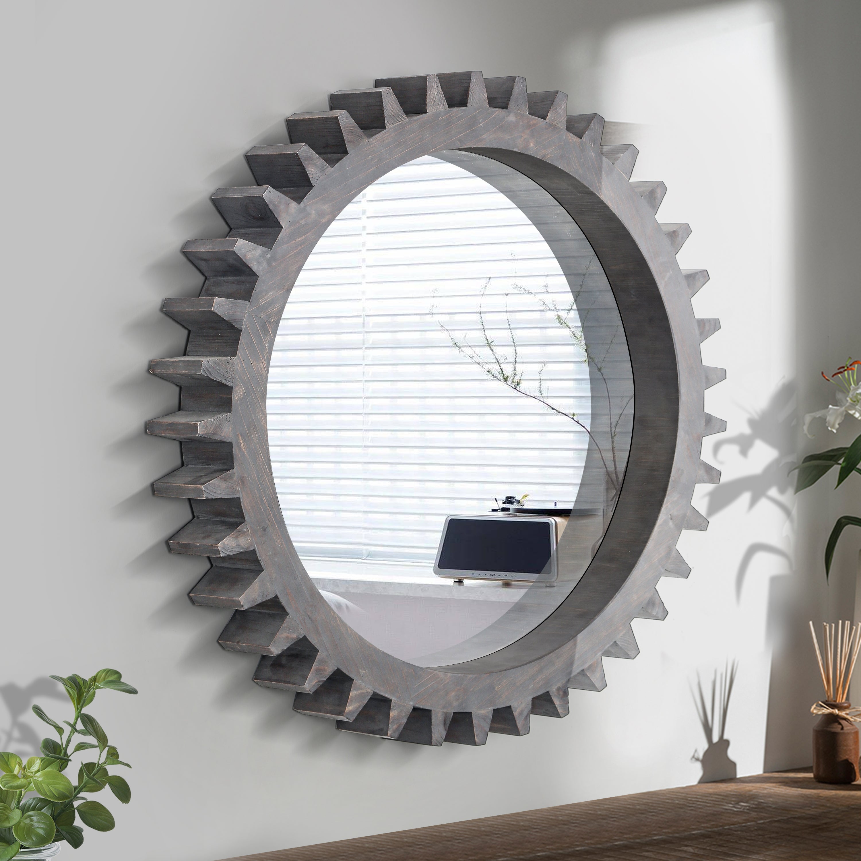 Vintage 42'' x 42'' Wood Round Hanging Gear Shape Heavy Decorative Mirror For Bathroom Living Room Entryway Or Put Together To Your Liking.(Antique Bark Brown)