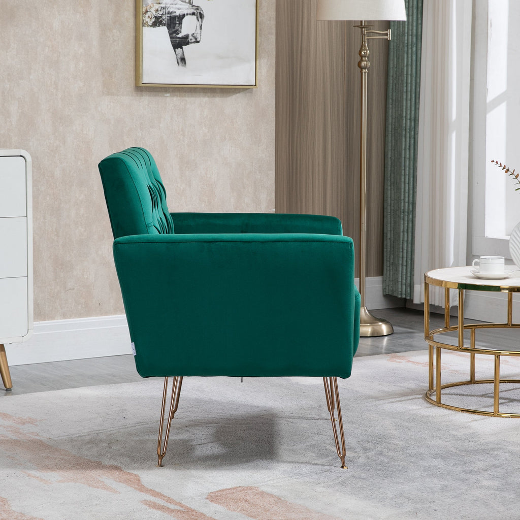 COOLMORE Velvet Armchair Single Sofa Modern Tufted Upholstered Side Reading Chairs with Arm and Gold Metal Leg for Living Room Bedroom (Green)