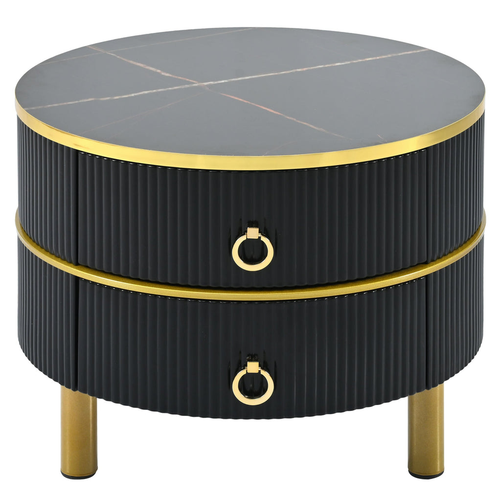 ON-TREND Φ27.5'' & Φ19.6'' Stackable Coffee Table with 2 Drawers, Nesting Tables with Brown Tempered Glass and High Gloss Marble Tabletop, Set of 2, Round Center Table for Living Room, Black