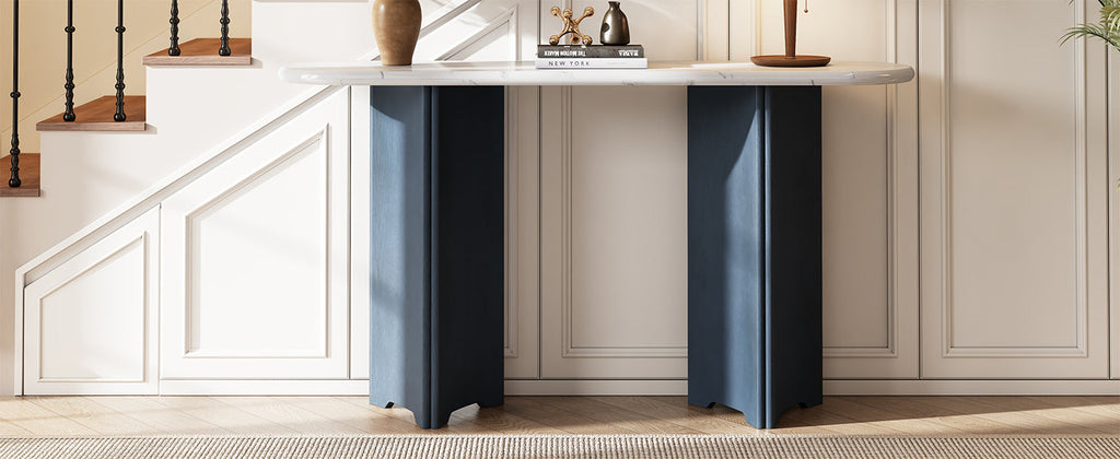 TREXM Narrow Console Table, Entryway Table with Oval Faux Marble Top, Rustic Sofa Table with Curved Legs, Hallway Accent Table for Entrance and Living Room (Navy+White)