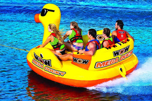WOW Mega Ducky 5-Person towable raft in bright yellow with duck head front and 5 riders wearing life jackets.