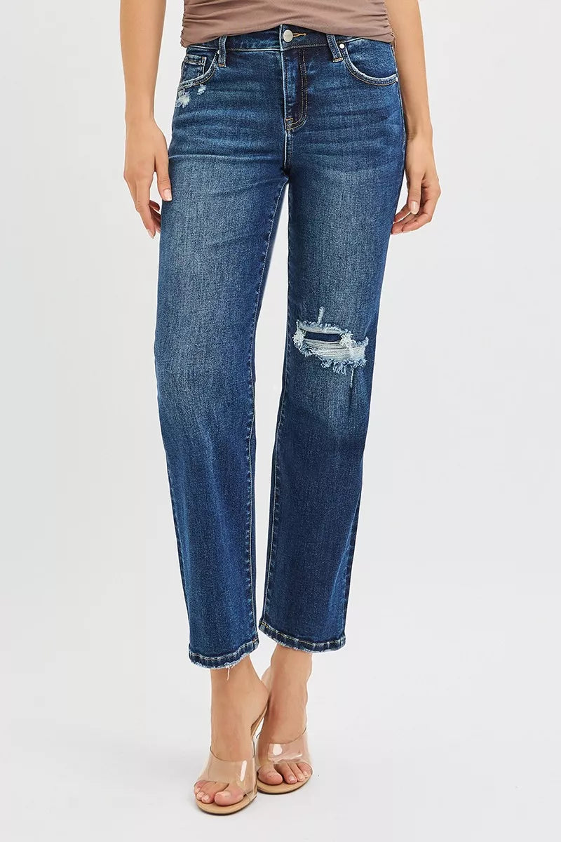 RISEN High Rise Crop Slim Straight Jenas with Hidden Knee Patch