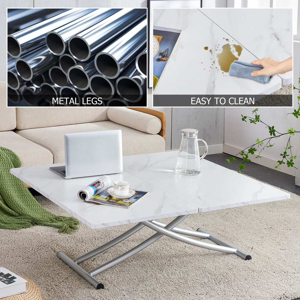 Modern minimalist multifunctional lift table with 0.8 inch MDF desktop and silver metal legs, can be used as a dressing table, coffee table, dining table, and office table