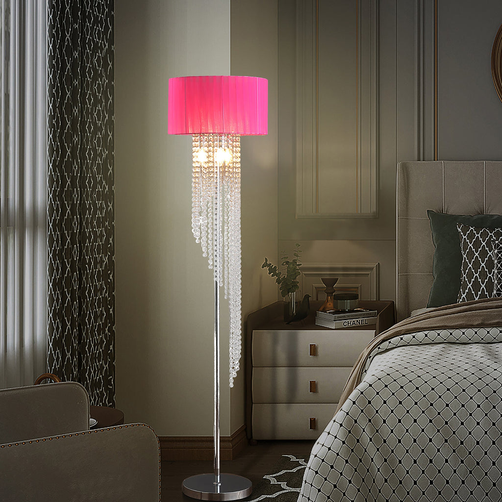 65.75'H Sheer Hot Pink Drum Shade Rain Crystal Chrome Metal Floor Lamp for Living Room, Standing Lamp for Bedroom