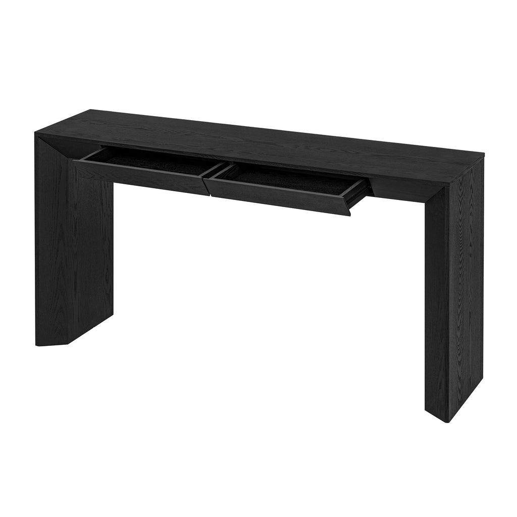 TREXM 60' Modern Farmhouse Console Table with 2 Concealed Drawers, Waterfall Design Entryway Table with Thickened Legs & Rustic Wood Grain for Living Room, Entryway & Hallway (Black)
