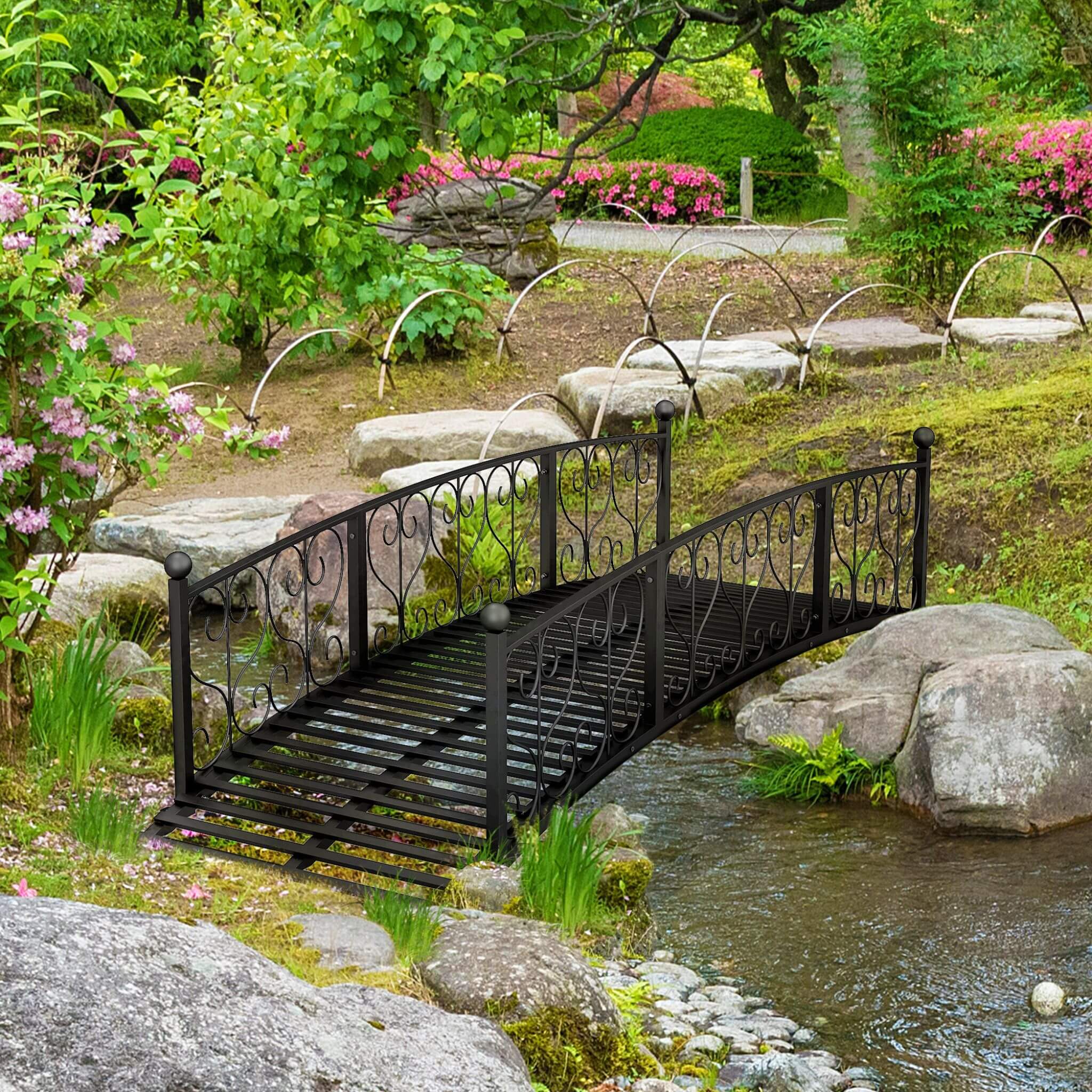 7FT Decorative Metal Arch Footbridge Garden Bridge With Safety Siderails (SAK53829)