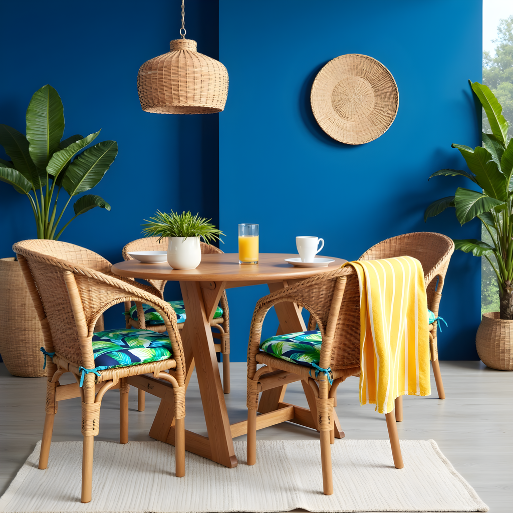Set of 2, Blue Palms U-Shape Outdoor Chair Pad, Removable Covers