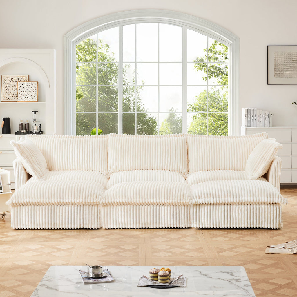 Living Room Sofa Slipcovered Sofa 3 Seater Sofa With 3 Ottomans, Oversized 3-Seat Sleeper Sofa Bed Home Theater Sofa, Corduroy, Cream