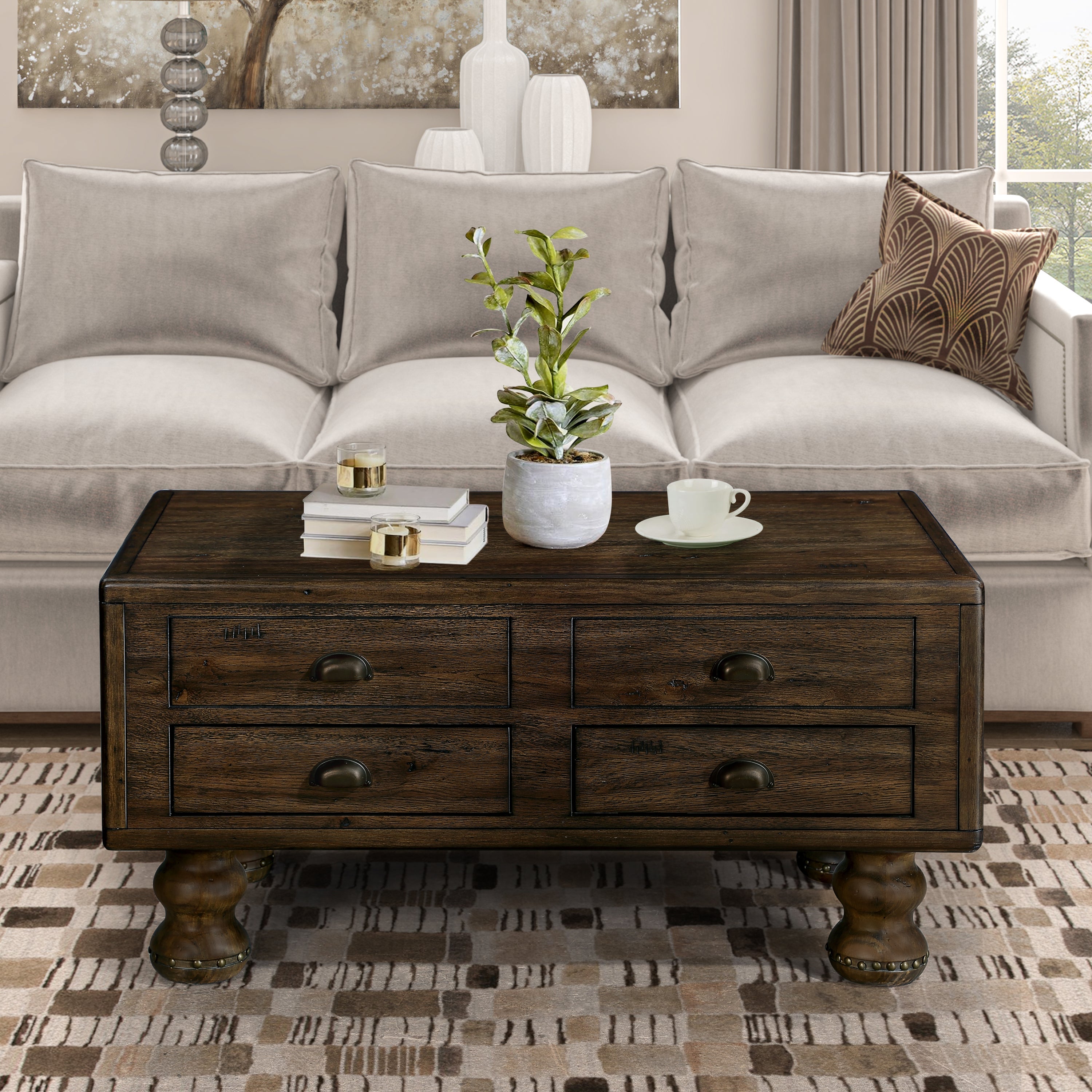 Solid Wood Rectangle Coffee Table for Living Room, 40-Inch Antique Coffee Table with 4 Drawers, Wood Center Table Tea Table with Rivet Decoration Legs.Easy Assembly, Espresso