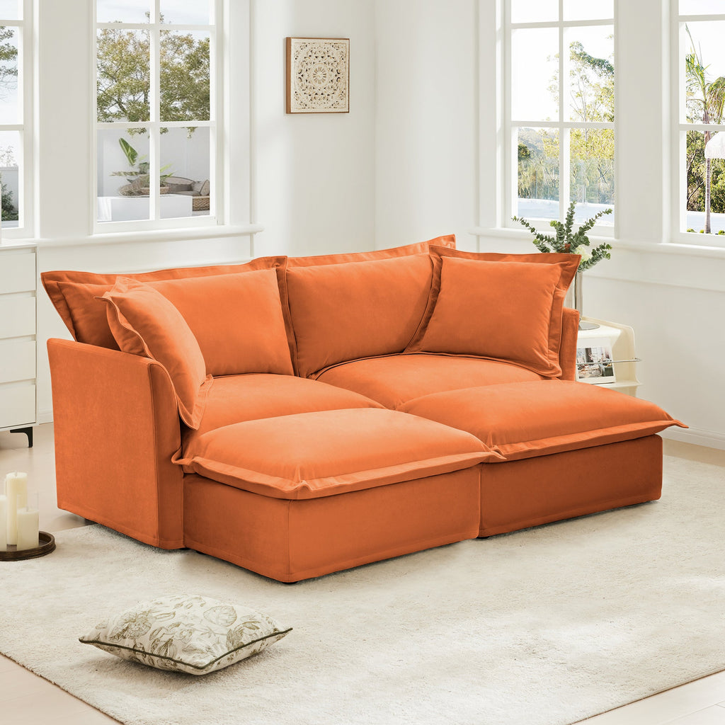 Slipcovered Sofa 2 Seater Sofa    With 2 Ottomans, 2 Seater Sleeper Sofa Bed Home Theater Oversized Sofa For Living Room, Chenille, orange