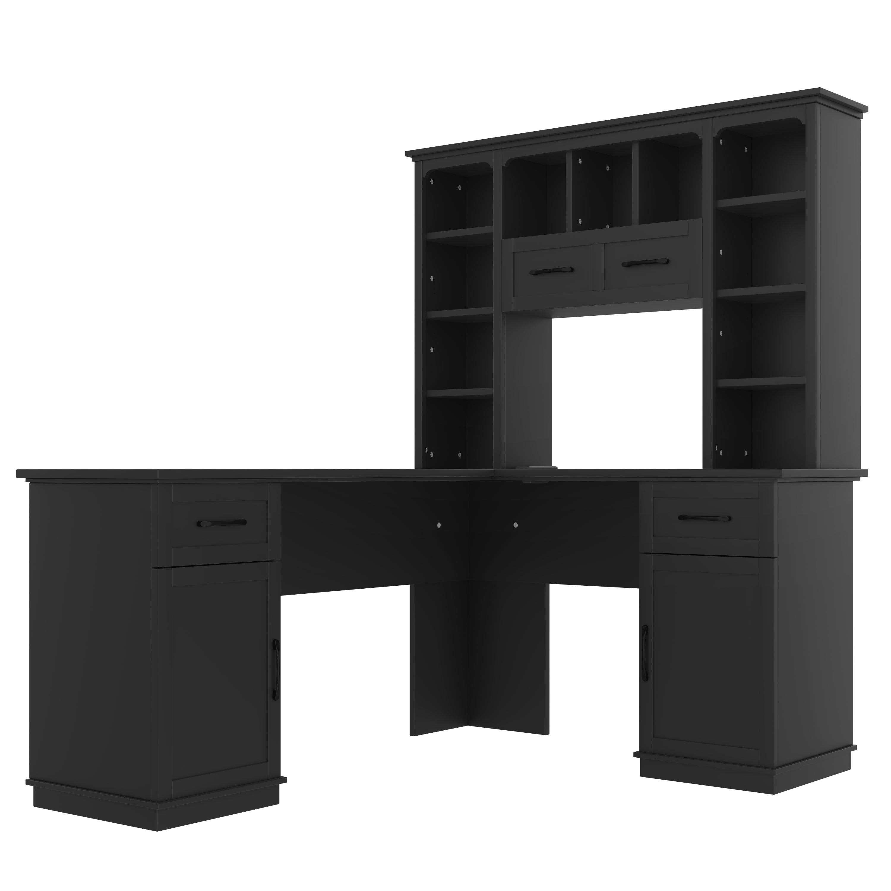 L-shaped computer desk with 2 cabinets and 2 drawers underneath the table, 11 open shelves and a flip-up shelf with storage on the right side, suitable for study, living room and office, Black
