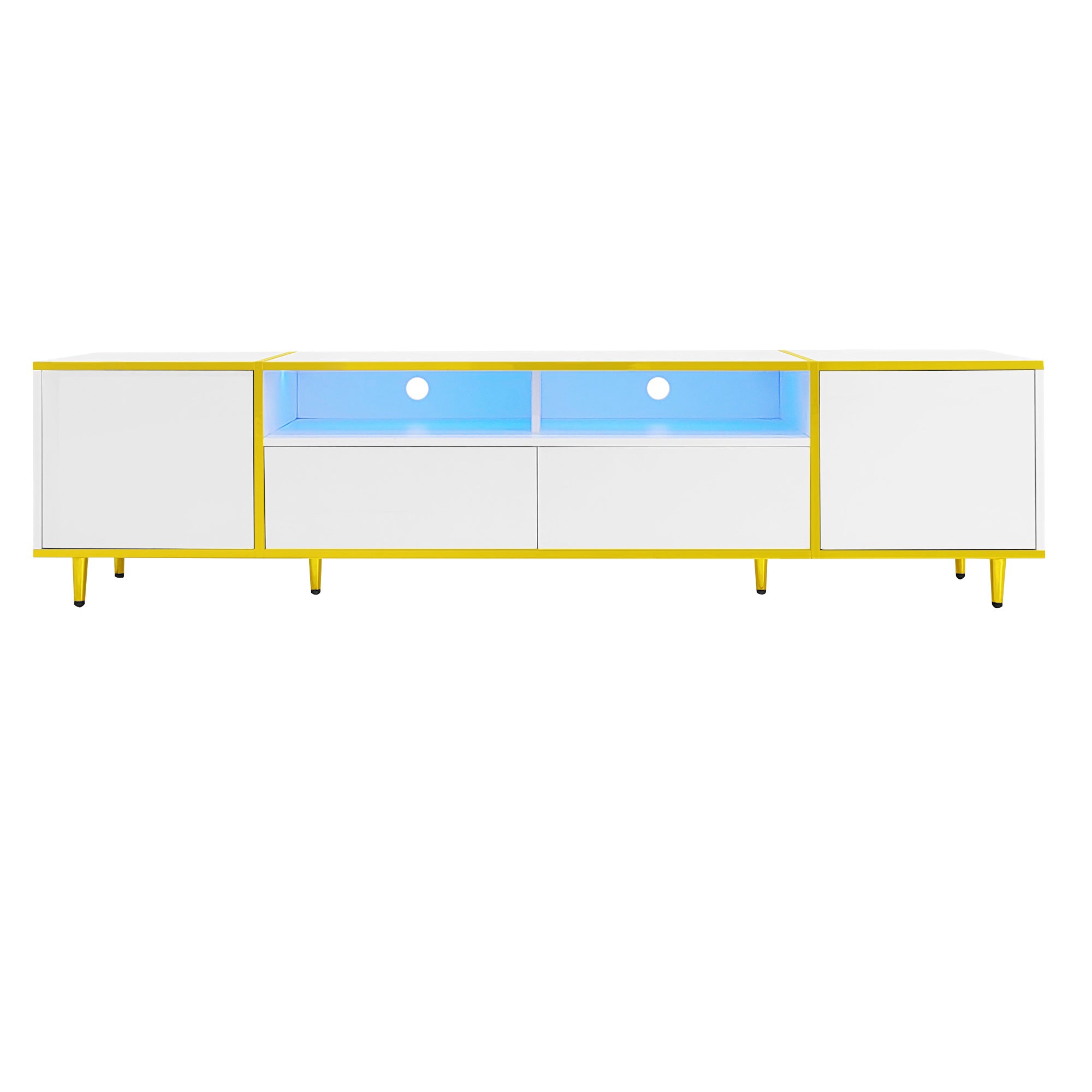 U-Can 70.9'' Modern TV Stand for TVs up to 80 Inches, Entertainment Center with 2 Shelves and  LED Lights, TV Storage Cabinet with 2 Drawers, 2 Cabinets and Metal Legs for Living room