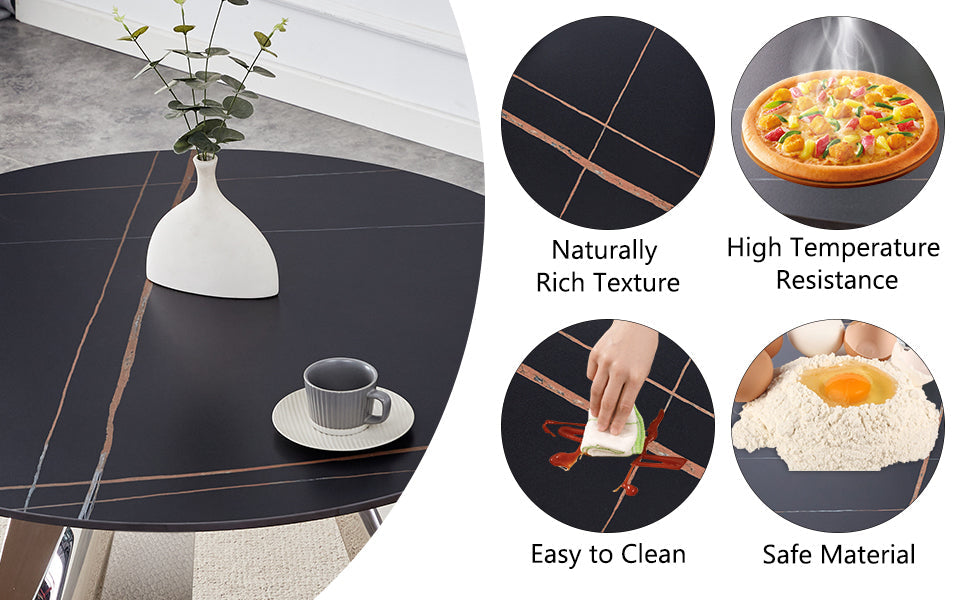 42' Luxury Sintered Stone Table: 0.45' Durable Top + 6' Steel Legs,350lb Capacity, Stain/Heat-Resistant Black Veined Surface - Modern Minimalist DesignW1512S00111