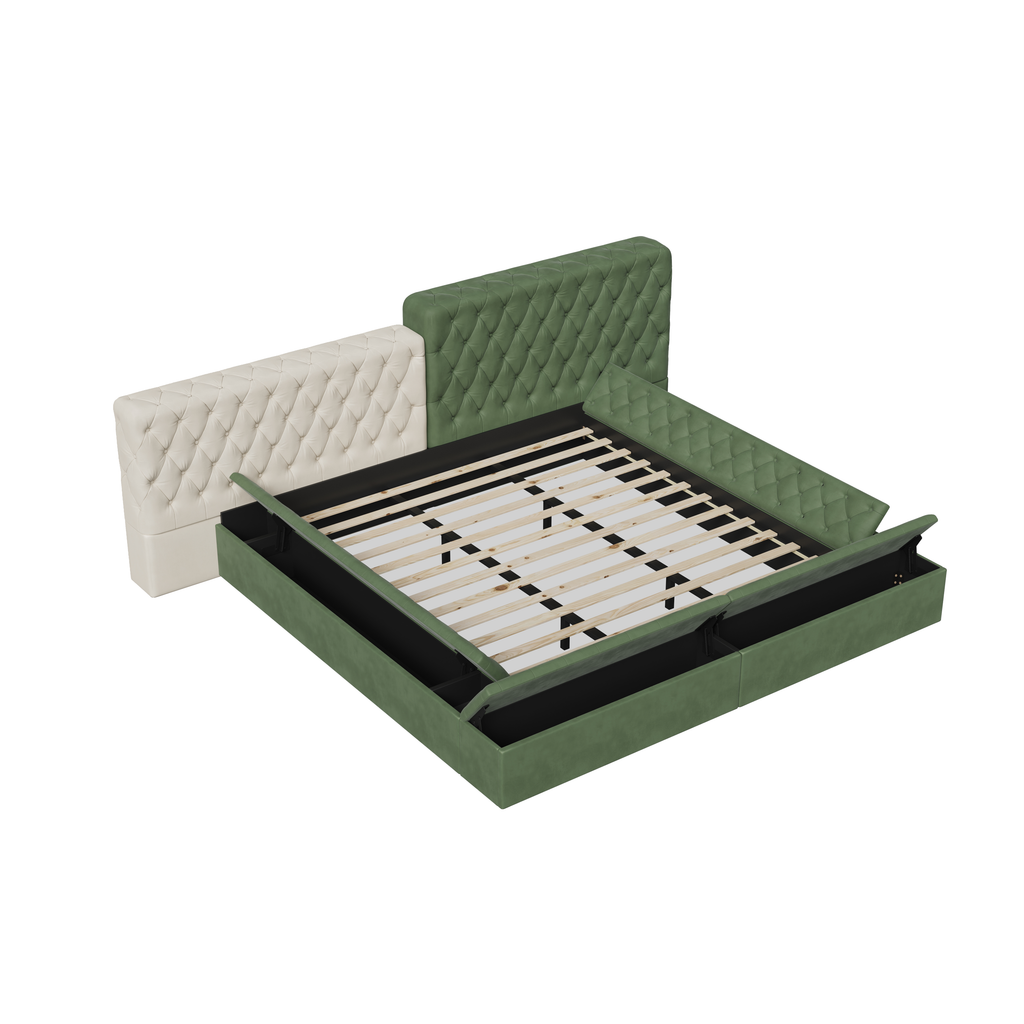 Contemporary Special-shaped Fully Upholstered Bed with Deep Button Tufting and Storage Compartments in Rails and Footboard,No Box Spring Needed,King,Green