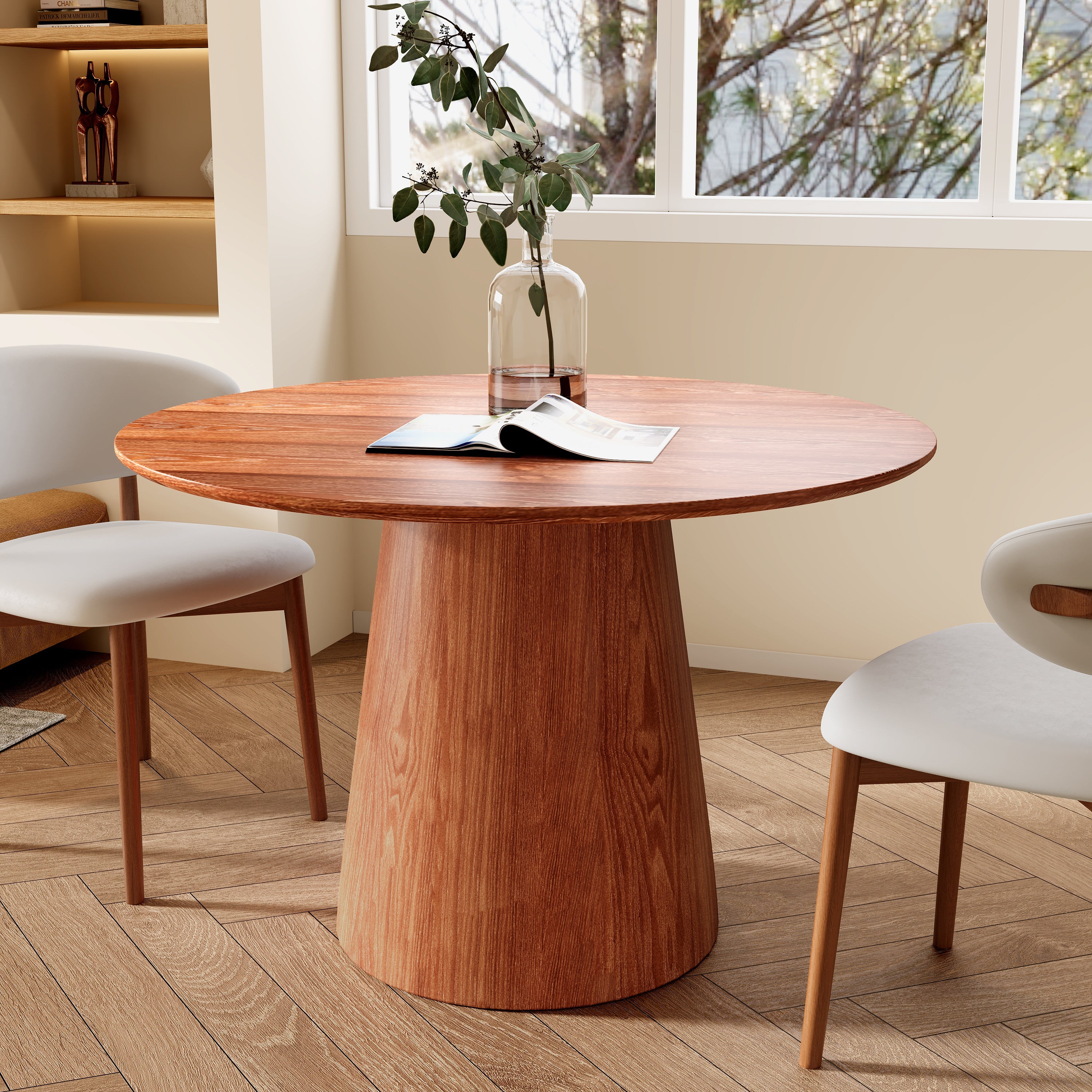 43' Round Walnut Color Solid Wood Small Dining Table with Solid Wood Tabletop For 2-4 People