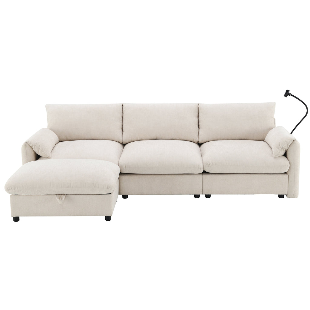 96.5'' Chenille Sectional Sofa with Storage Ottoman and Pockets,Adjustable Phone Holder,Wide Seat,4 Seat L Shaped Couch Set,Comfy Sofa with USB Charger for Living Room,Apartment,3 Colors