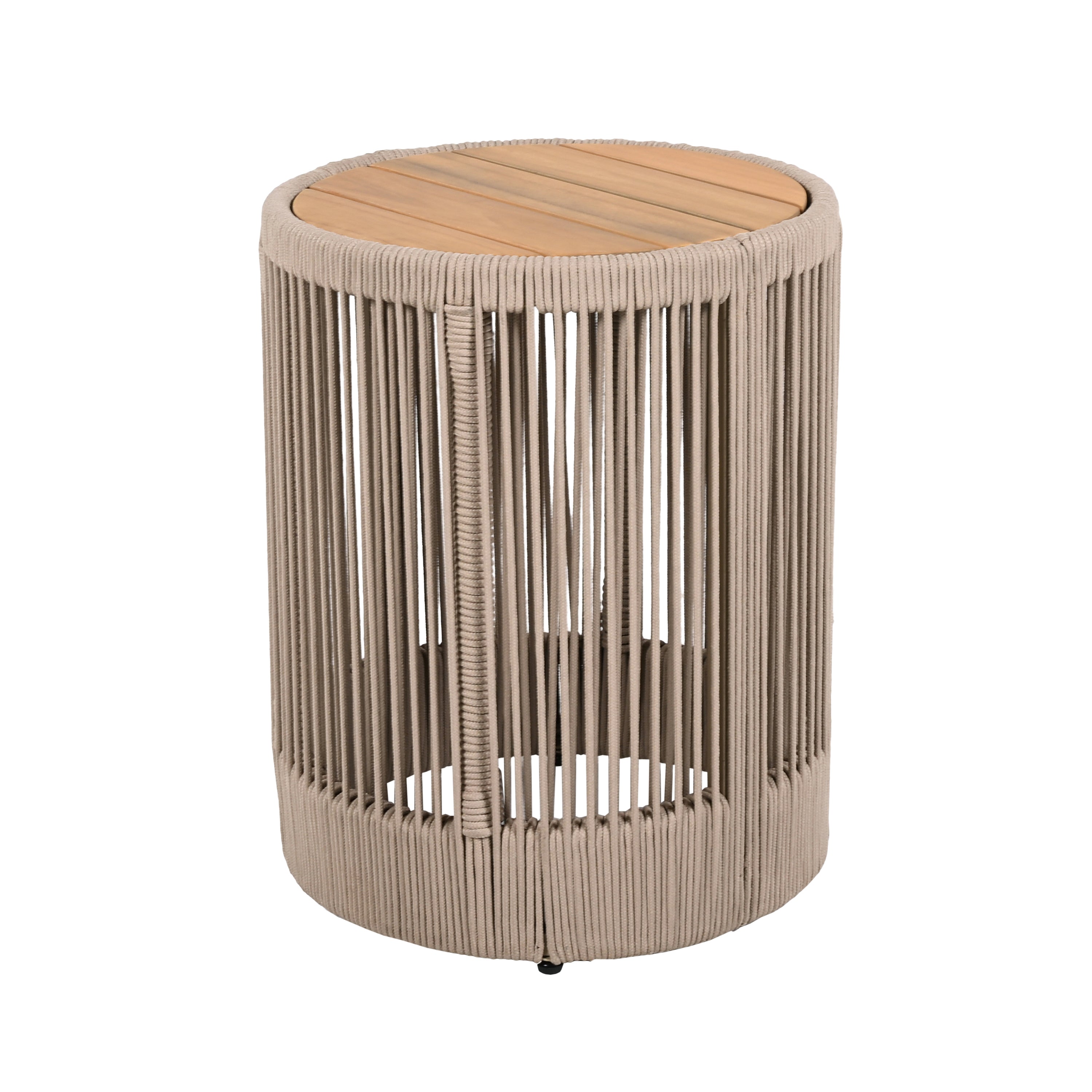 Outdoor Rattan rope & Acacia Wood Side Table - Patio Balcony Furniture for Garden, Yard, Balcony - Weather Resistant(Rope Beige, Natural Iron)