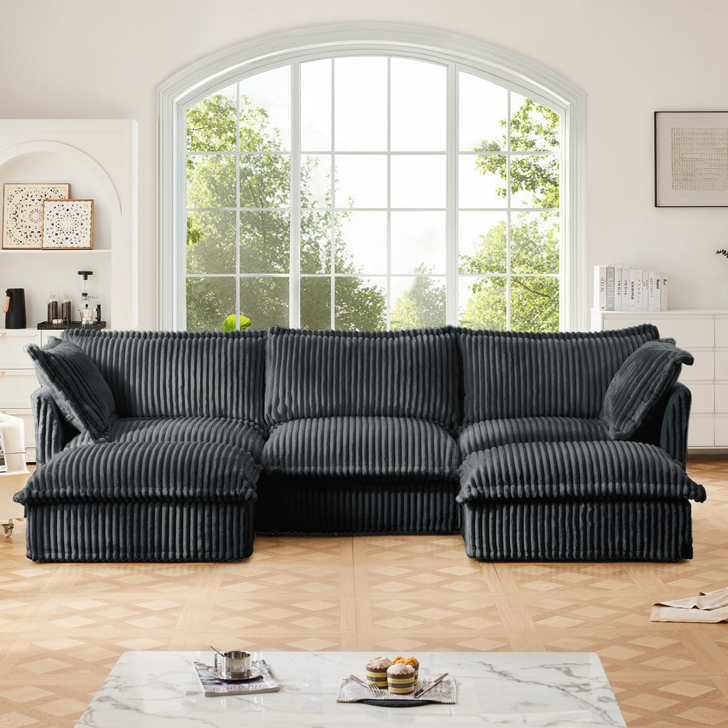 Slipcovered U Shape Sectional Deep Seat Sofa Couch, 3 Seater Sofa with French Edges Design Multiple Big Pillows, Modular Deep Seat Sectional Sofa Comfy Cloud Couch for Living Room, Apartment,Gray