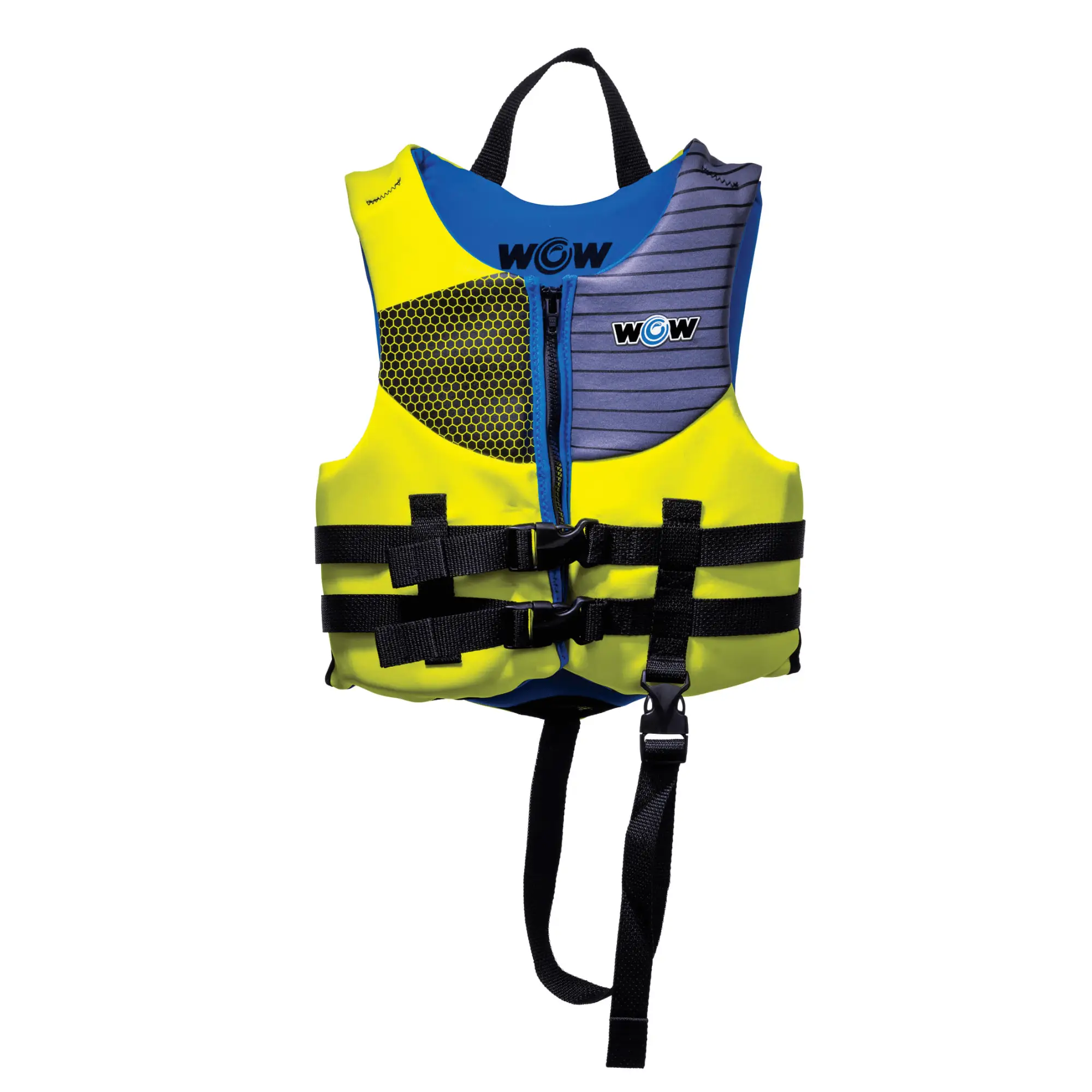 WOW Watersports kids' life jacket in bright yellow and blue with black mesh panel and adjustable black straps.