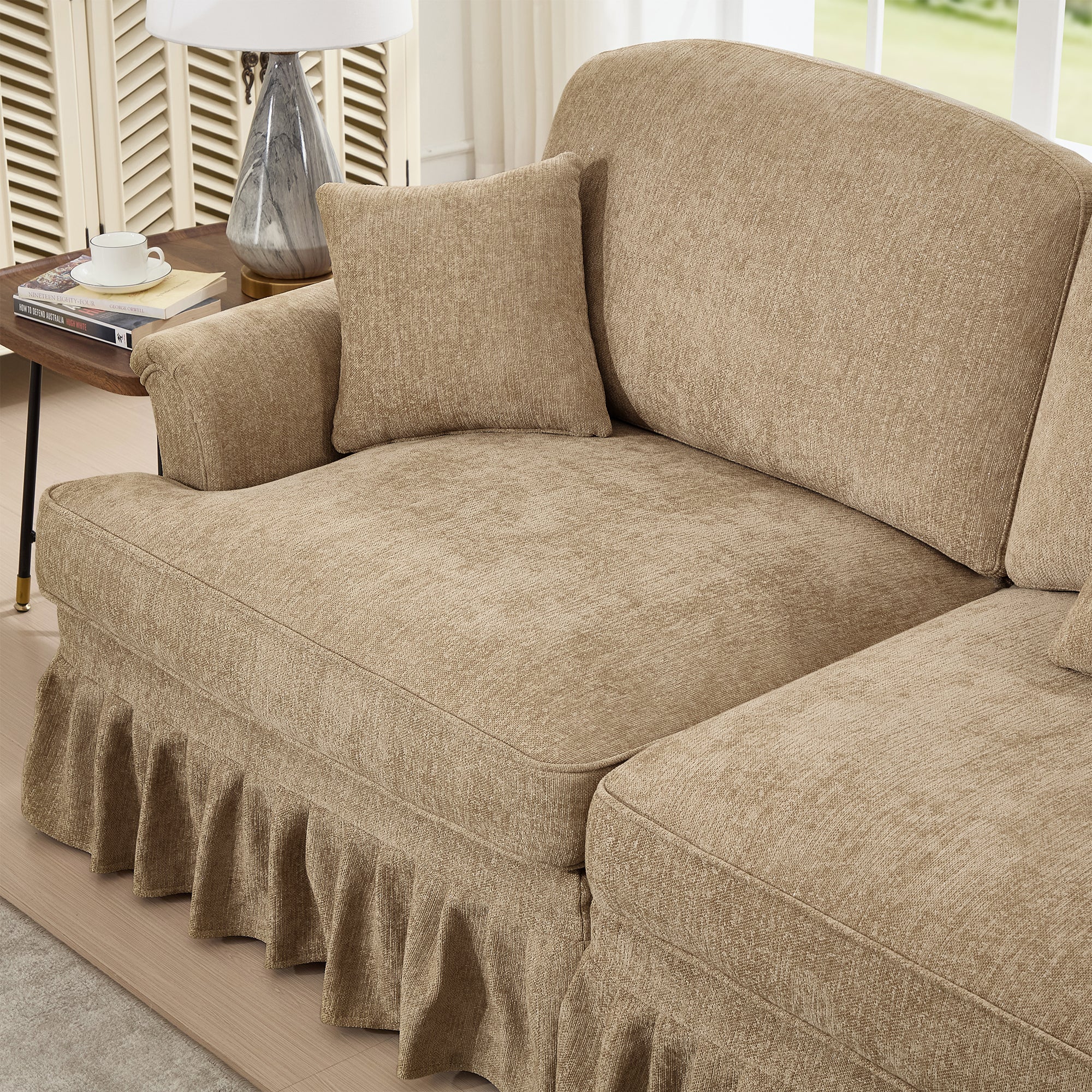 Classic Comfy Modular U Shape Sectional Sofa Couch with Flared Arms and Removable Ruffles Pleats Skirts and Spindle Legs, Upholstered Chenille Deep Seat Cloud Sofa with Movable Ottomans, Light Coffee