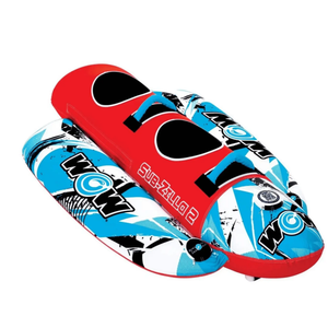 Towable tube WOW Sub-Zilla 2-Person; red and blue graphic with black handles.